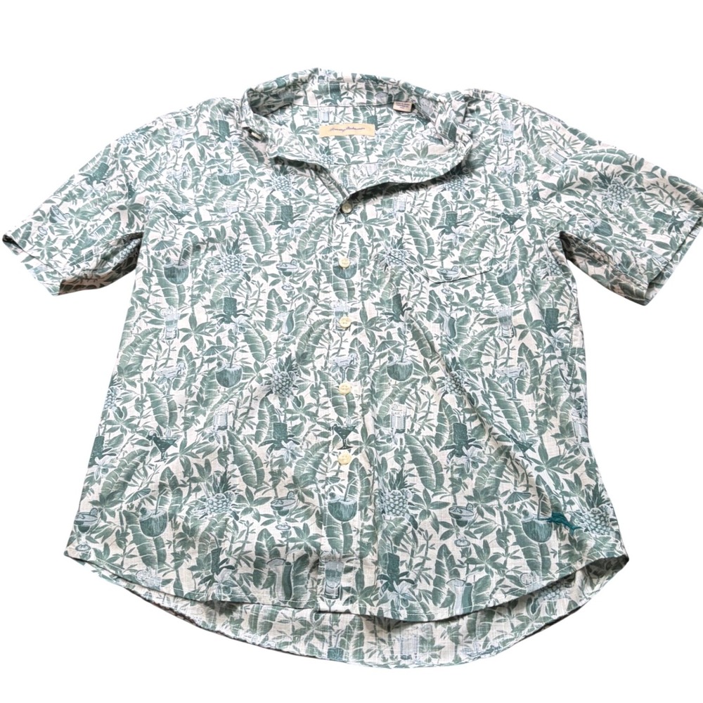 Tommy Bahama Mens Green White Tropical Pineapple Cocktail Cotton Shirt Medium